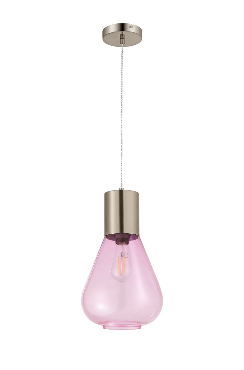Hark 23cm Narrow Pendant, 1 x E27, Satin Nickel/Lilac Glass