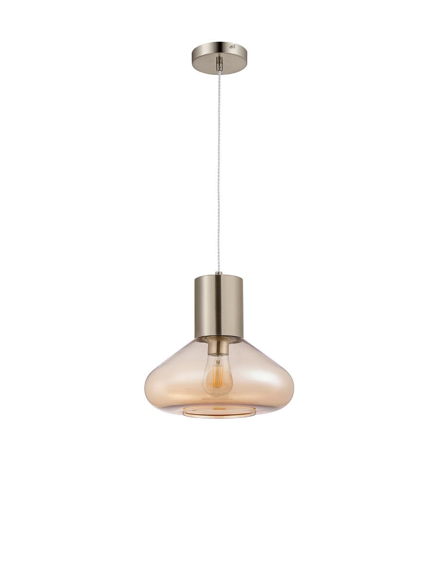 Hark 31cm Wide Pendant, 1 x E27, Satin Nickel/Amber Glass
