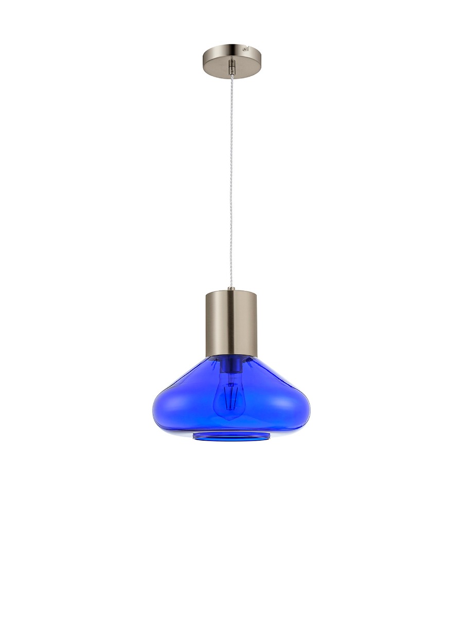 Hark 31cm Wide Pendant, 1 x E27, Satin Nickel/Blue Ink Glass