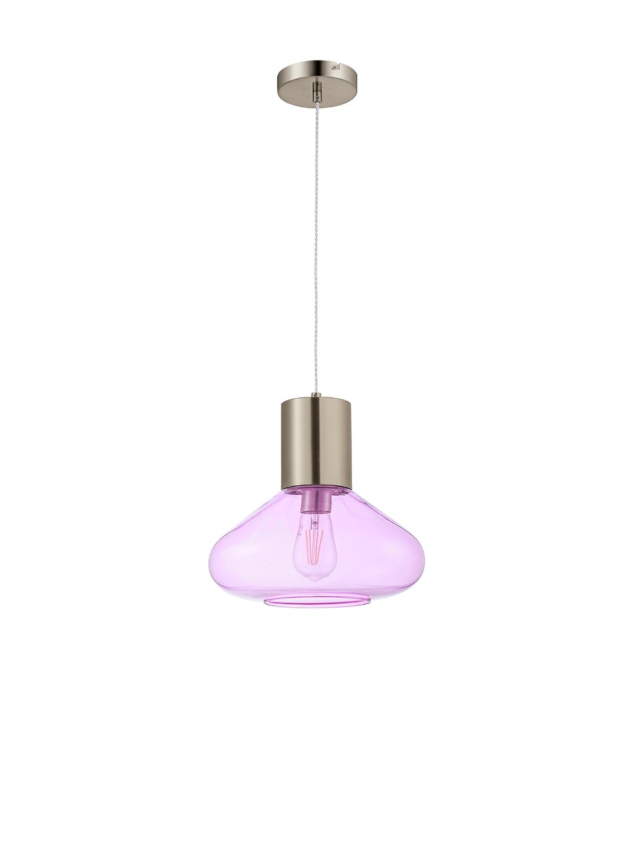 Hark 31cm Wide Pendant, 1 x E27, Satin Nickel/Lilac Glass