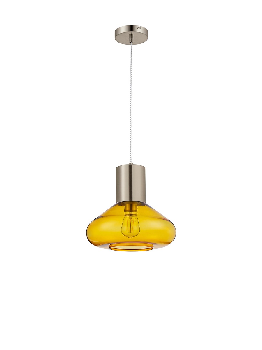 Hark 31cm Wide Pendant, 1 x E27, Satin Nickel/Yellow Glass