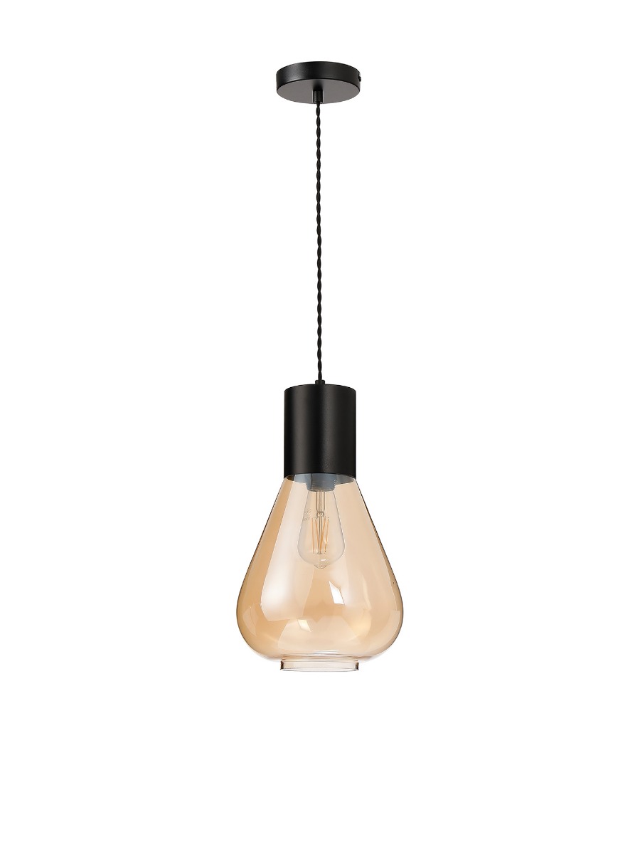 Hark 23cm Narrow Pendant, 1 x E27, Satin Black/Amber Glass