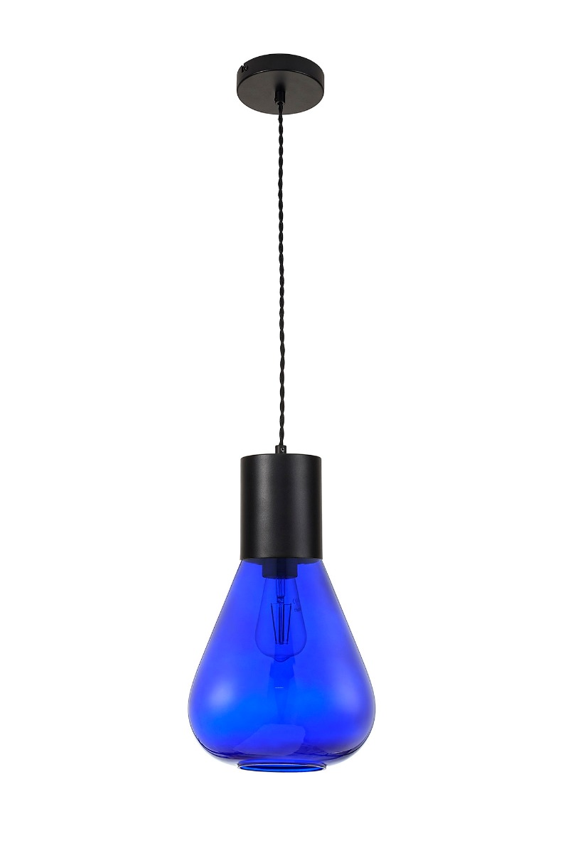 Hark 23cm Narrow Pendant, 1 x E27, Satin Black/Blue Ink Glass
