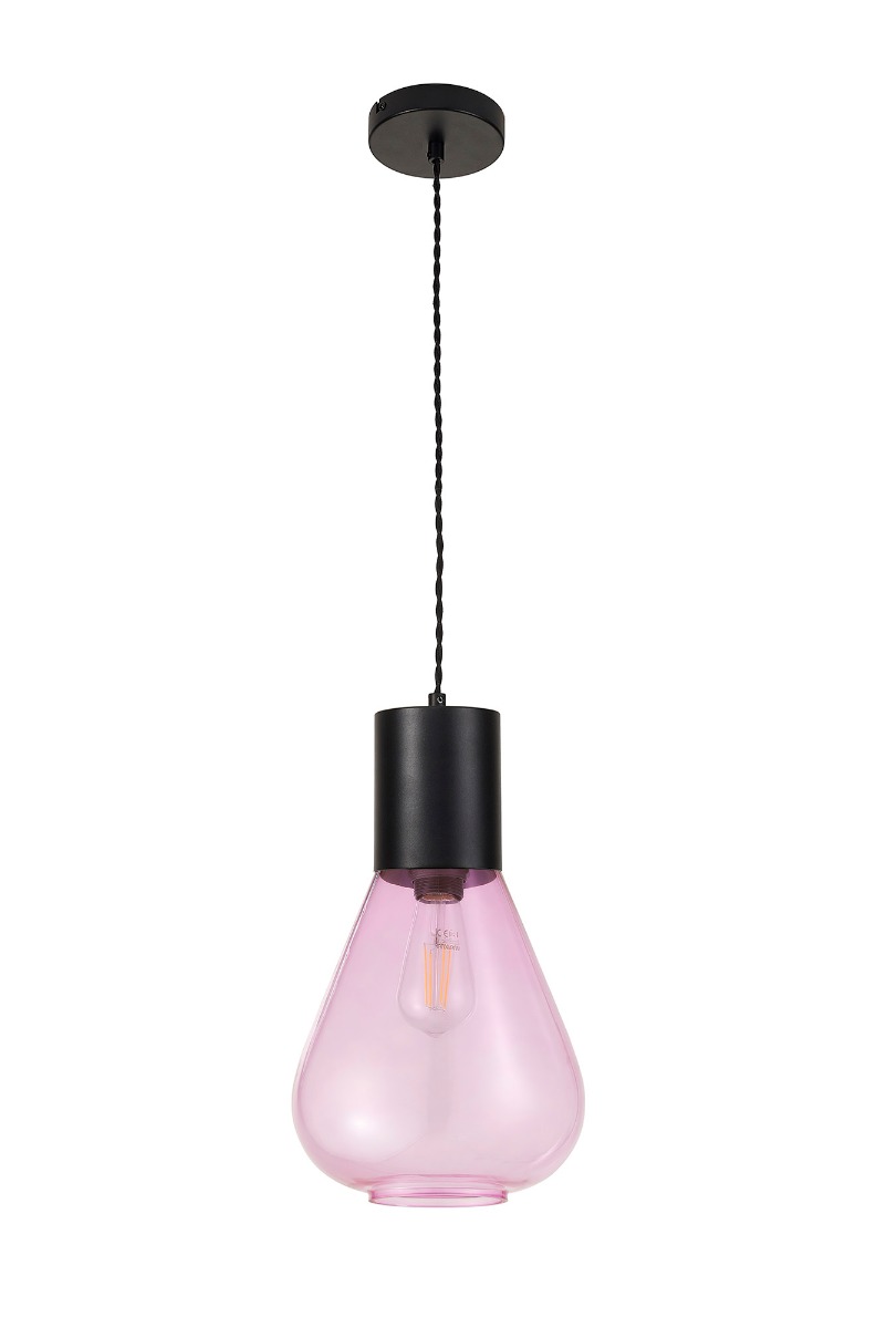 Hark 23cm Narrow Pendant, 1 x E27, Satin Black/Lilac Glass