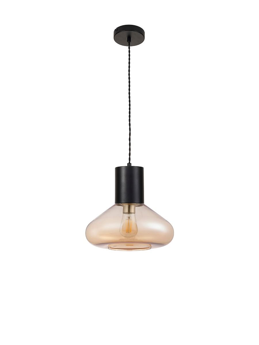 Hark 31cm Wide Pendant, 1 x E27, Satin Black/Amber Glass