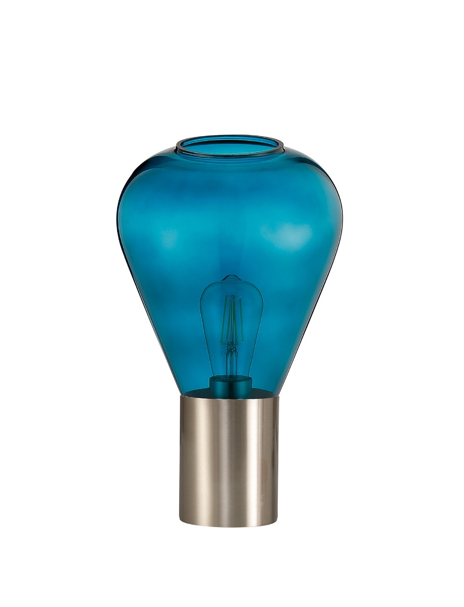 Hark Narrow Table Lamp, 1 x E27, Satin Nickel/Teal Blue Glass