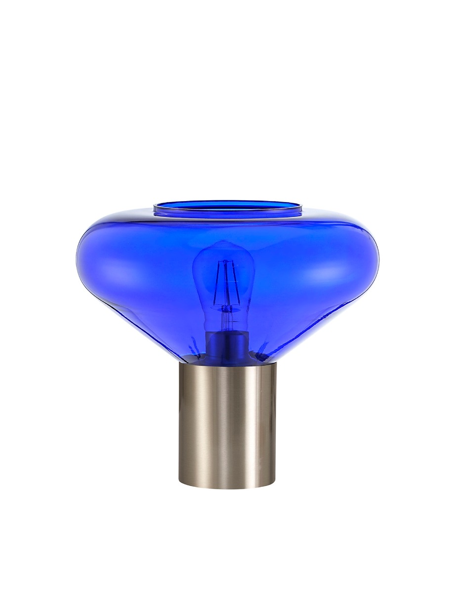 Hark Wide Table Lamp, 1 x E27, Satin Nickel/Blue Ink Glass