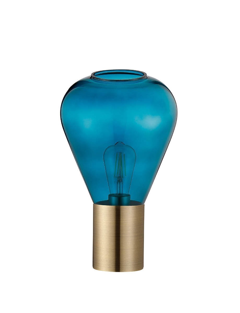 Hark Narrow Table Lamp, 1 x E27, Antique Brass/Teal Blue Glass