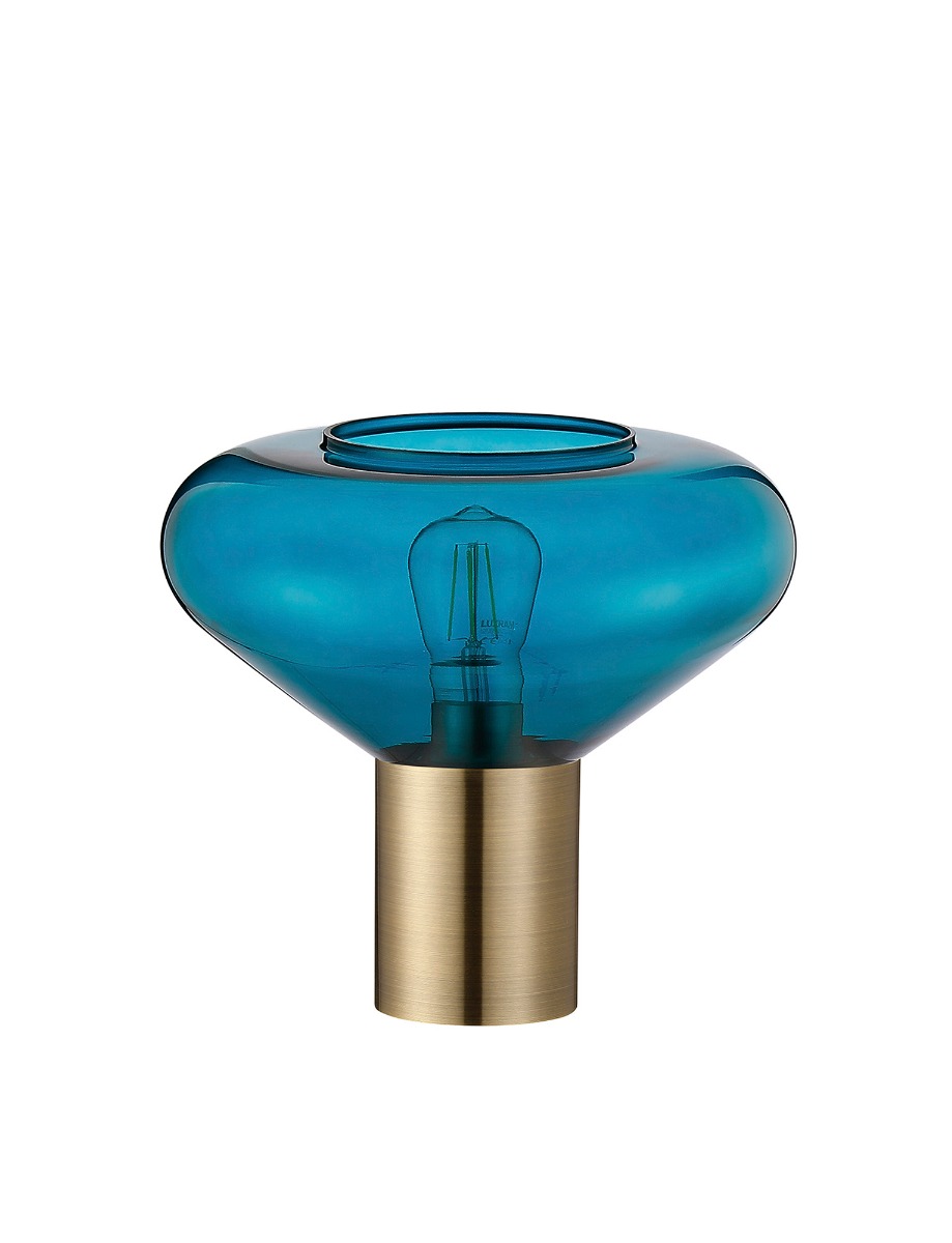 Hark Wide Table Lamp, 1 x E27, Antique Brass/Teal Blue Glass
