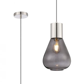 Hark 23cm Pendant With Narrow Glass, 1 x E27, Polished Nickel/Inky Black/Dark Grey Braided Cable