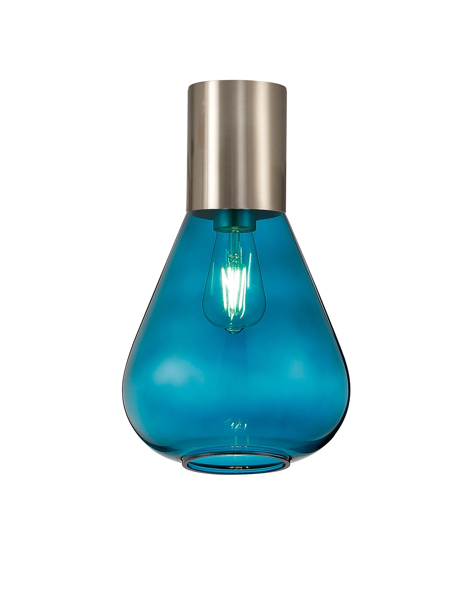 Hark 23cm Ceiling Light With Narrow Glass, 1 x E27, Satin Nickel/Teal Blue