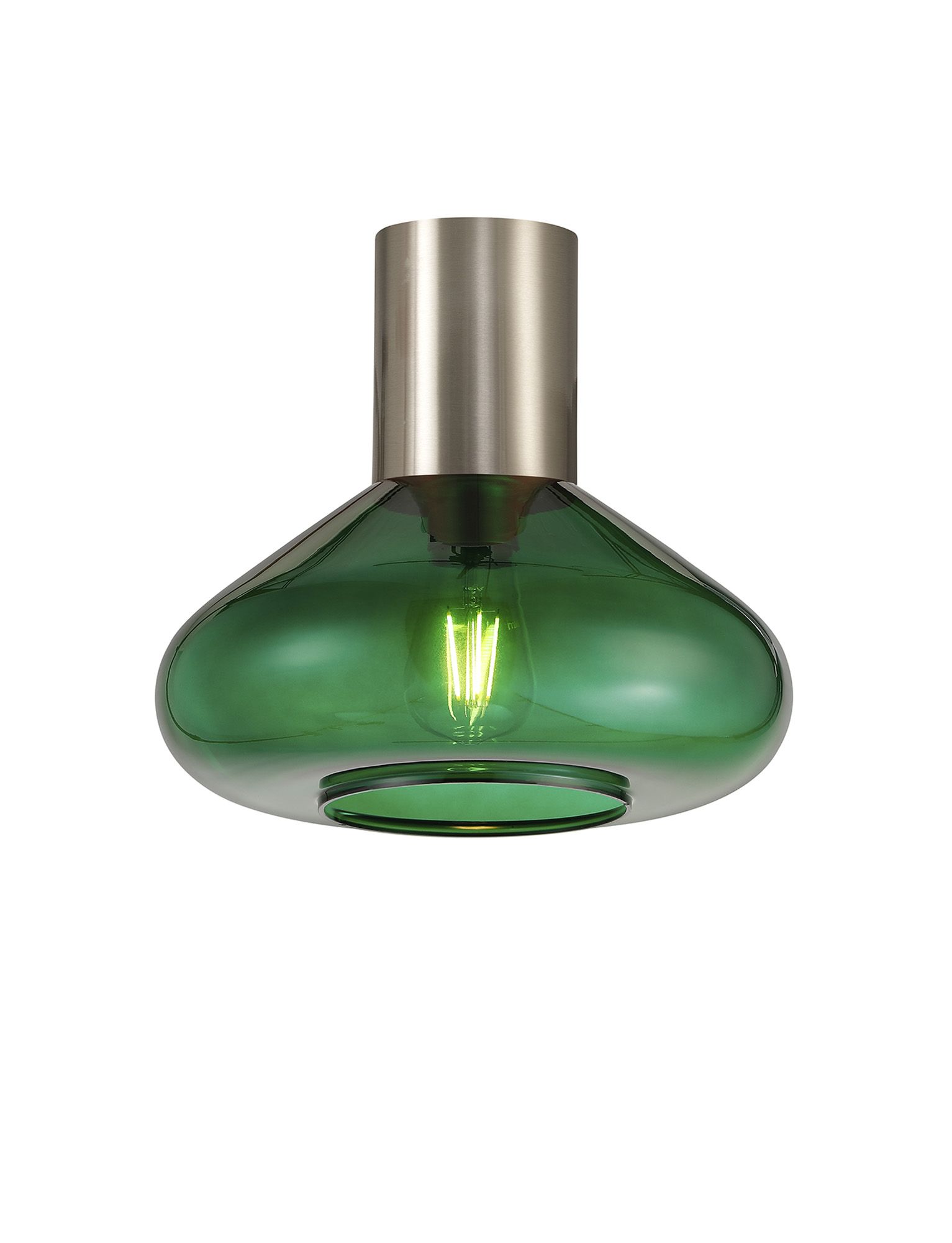 Hark 31cm Ceiling Light With Wide Glass, 1 x E27, Satin Nickel/Bottle Green