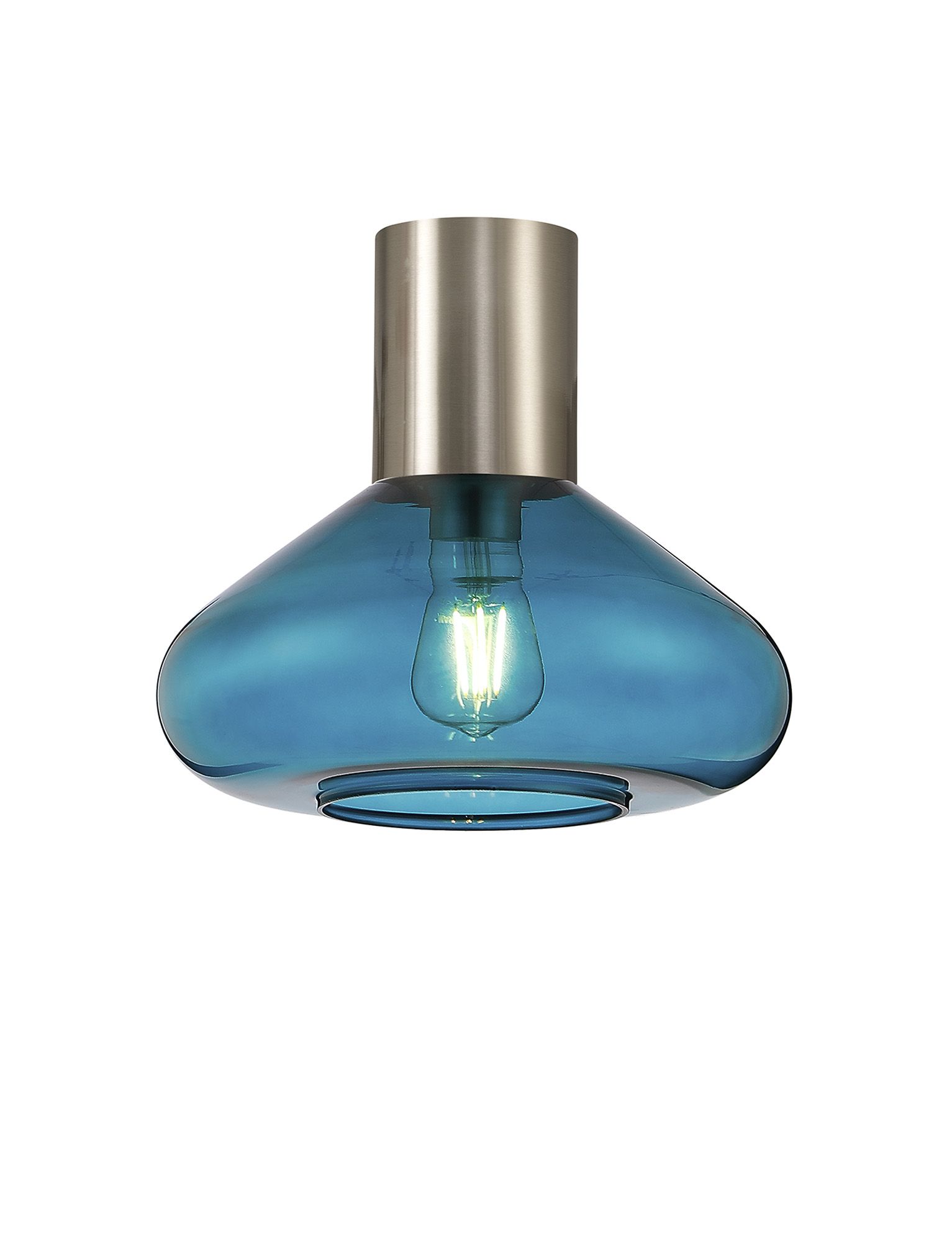 Hark 31cm Ceiling Light With Wide Glass, 1 x E27, Satin Nickel/Teal Blue