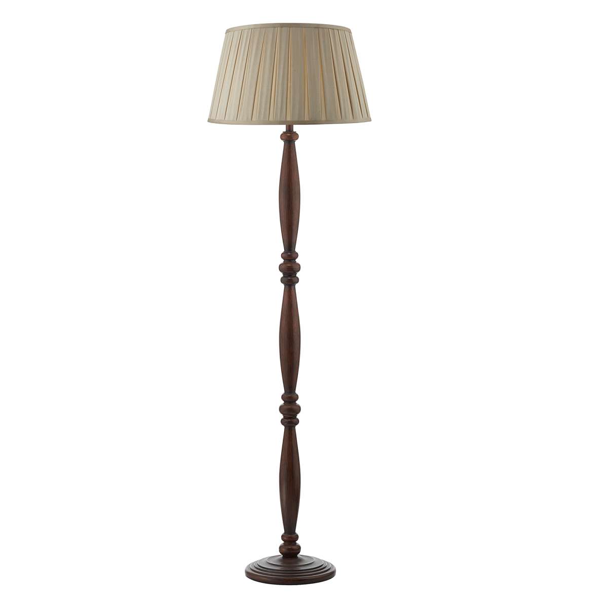 Canto 1 Light E27 Dark Wood Effect Floor Lamp With Inline Foot Switch C/W Fusión Taupe Faux Silk Tapered 45cm Armario Shade