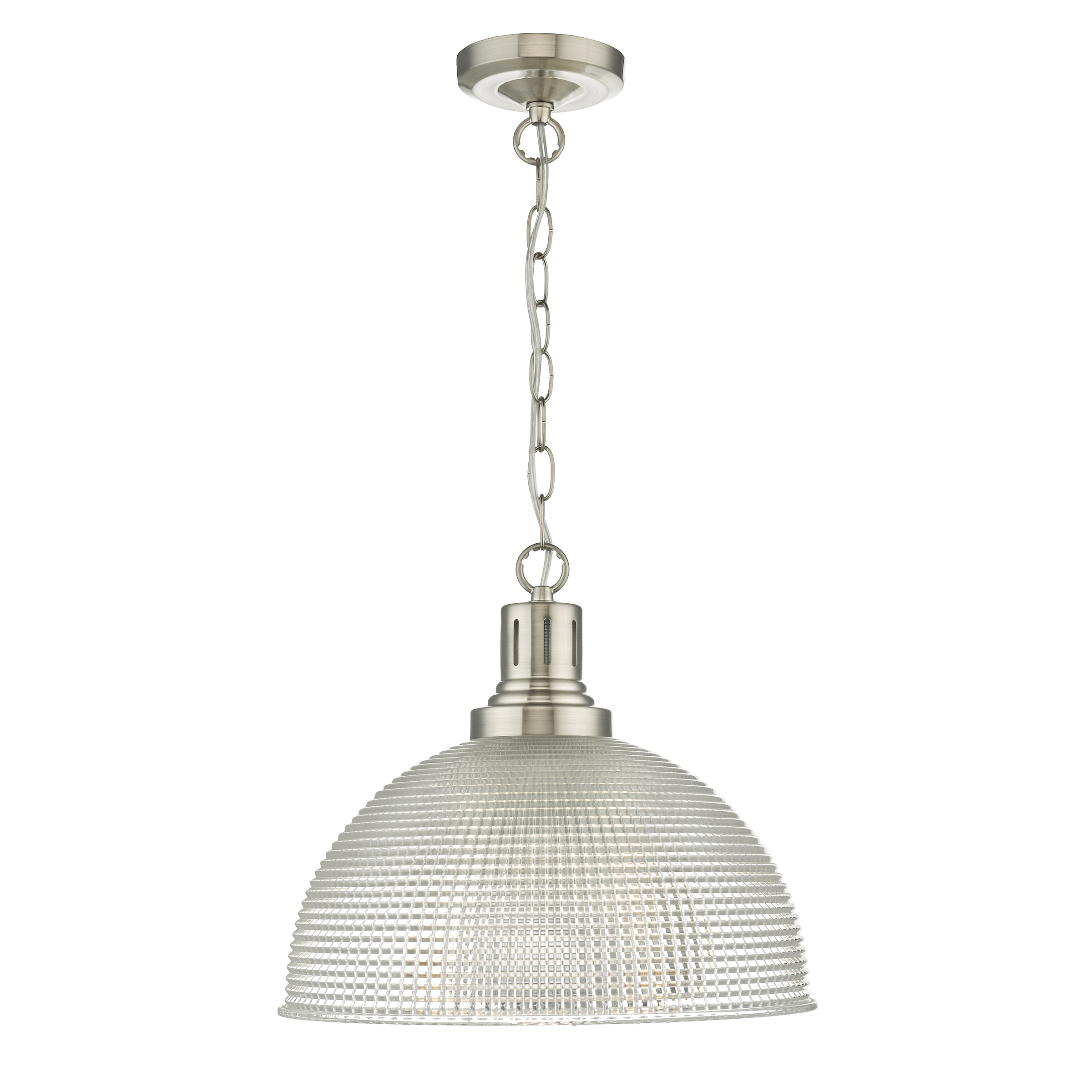 Ascenso 1 Light E27 Satin Nickel Adjustable Pendant With Pressed Glass Prismatic Shade