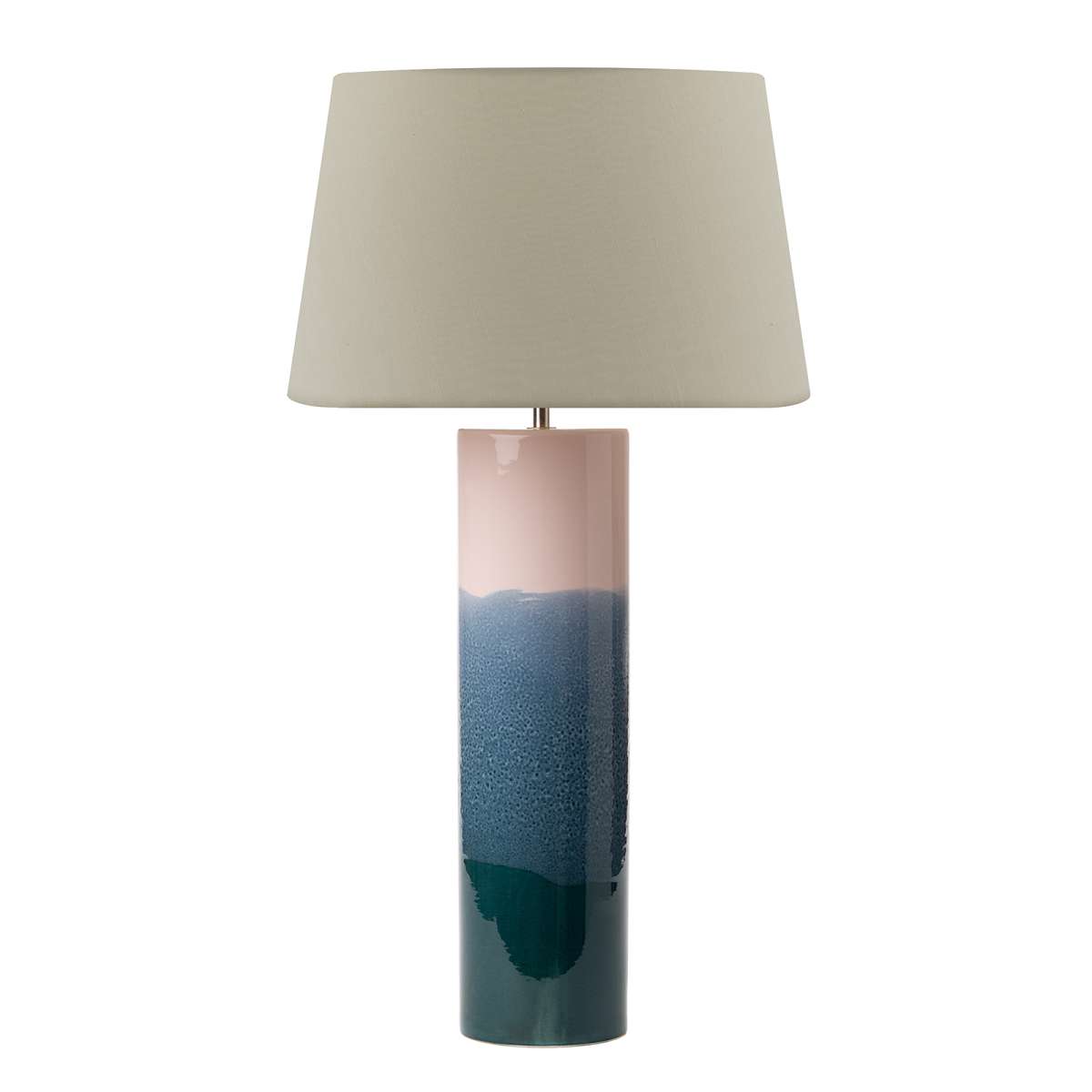 Cartón 1 Light E27 Pink With Blue Ceramic Table Lamp With Inline Switch C/W Fuego Taupe Faux Silk Tapered 40cm Armario Shade