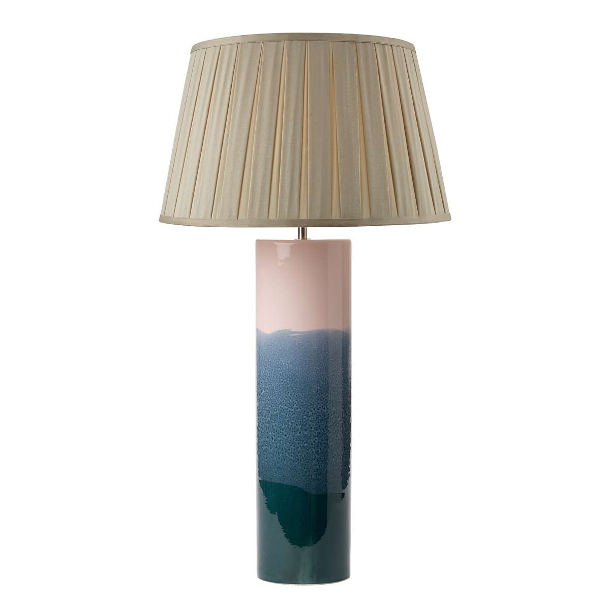 Cartón 1 Light E27 Pink With Blue Ceramic Table Lamp With Inline Switch C/W Fusión Taupe Faux Silk Tapered 40cm Armario Shade