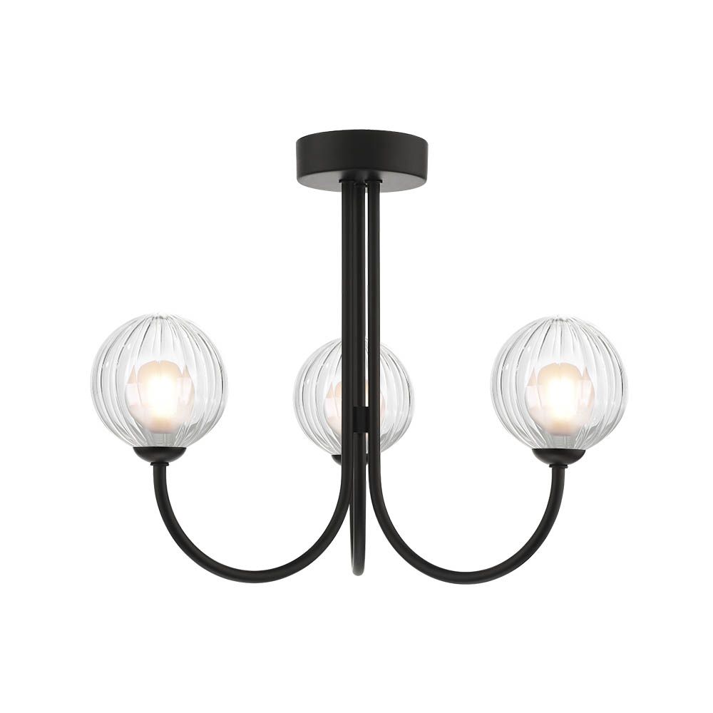 Confianza 3 Light G9 Matt Black Semi Flush Ceiling Fitting C/W 12cm Opal & Clear Ribbed Glass Shades