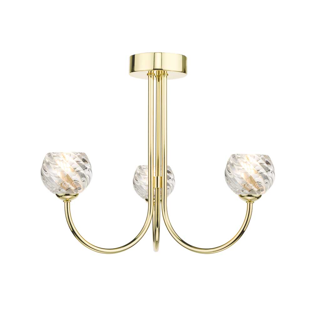 Confianza 3 Light G9 Polished Gold Semi Flush Ceiling Fitting C/W Clear Twisted Style Open Glass Shades