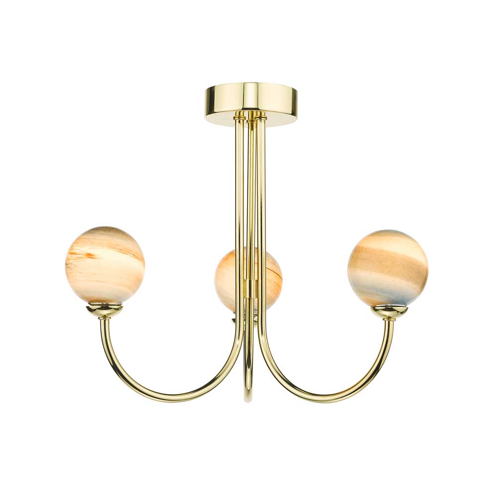 Confianza 3 Light G9 Polished Gold Semi Flush Ceiling Fitting C/W Planet Style Glass Shades