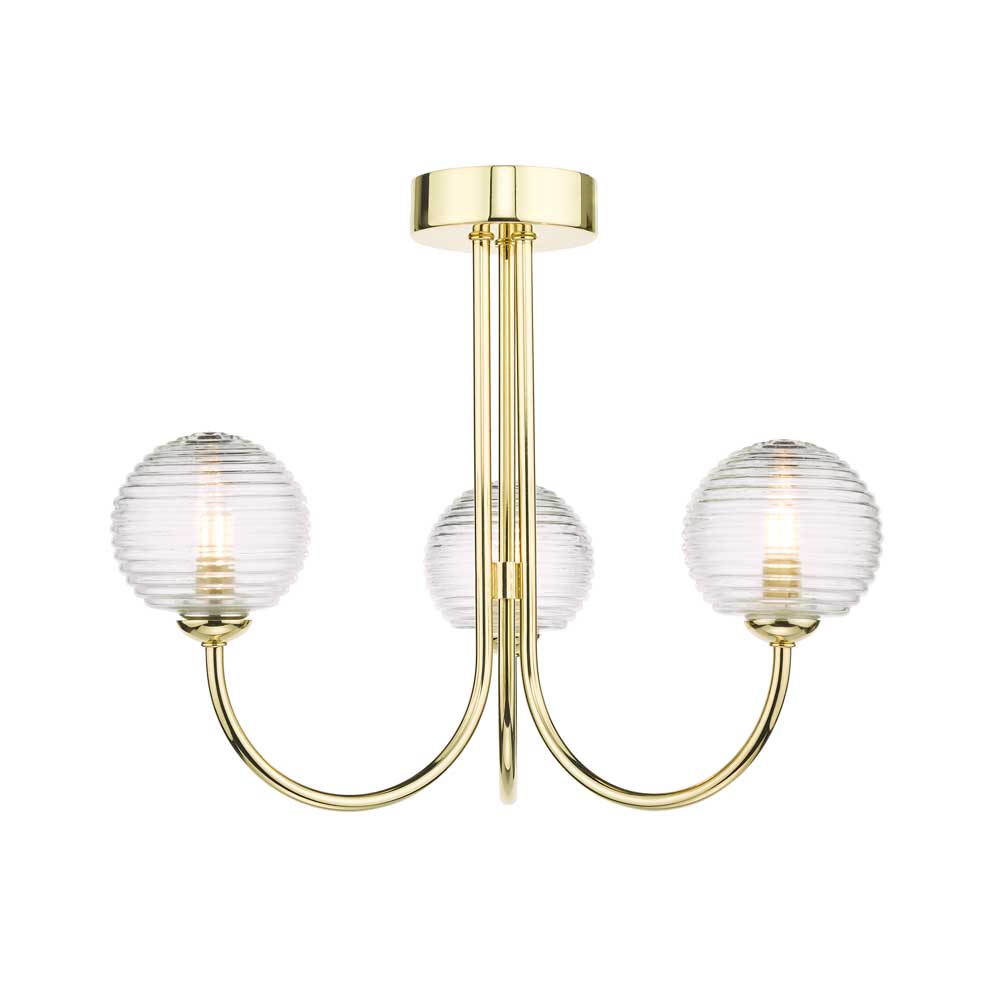 Confianza 3 Light G9 Polished Gold Semi Flush Ceiling Fitting C/W Clear Closed Ribbed Glass Shades