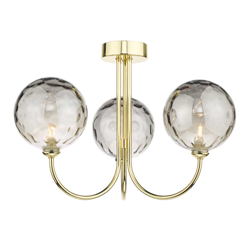Confianza 3 Light G9 Polished Gold Semi Flush Ceiling Fitting C/W Smoked Dimpled Glass Shades