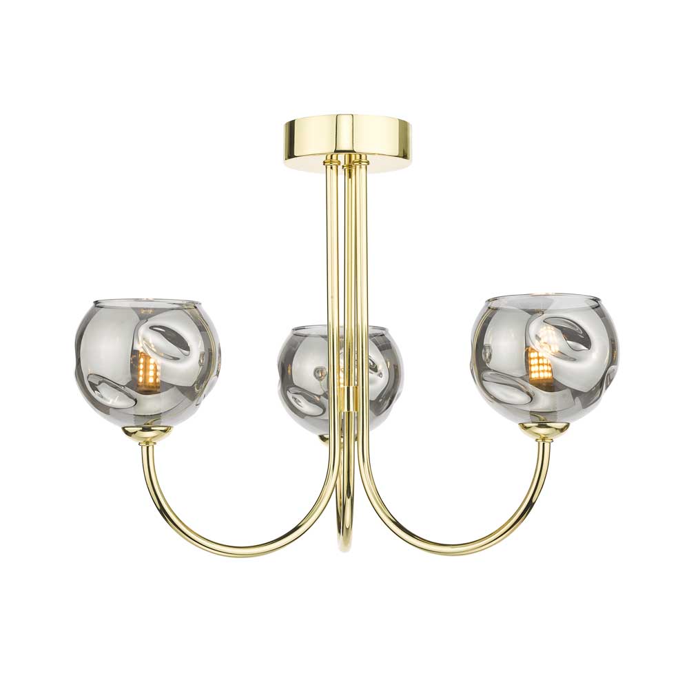 Confianza 3 Light G9 Polished Gold Semi Flush Ceiling Fitting C/W Smoked Organic Glass Shades
