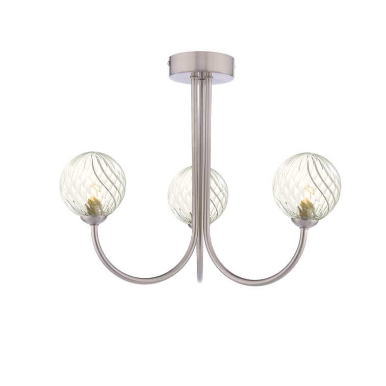 Confianza 3 Light G9 Satin Nickel Semi Flush Ceiling Fitting C/W Clear Twisted Style Closed Glass Shades