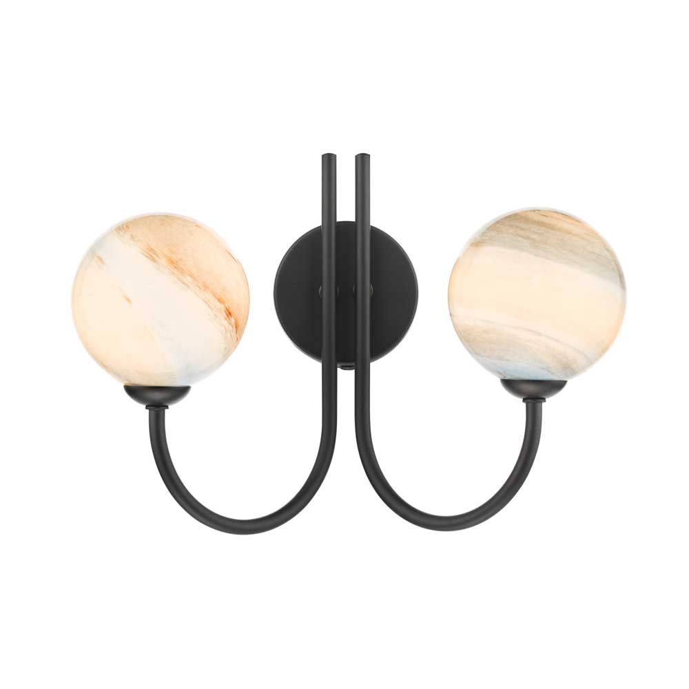 Confianza 2 Light G9 Matt Black Wall Light With Pull C/W Large Planet Style Glass Shades