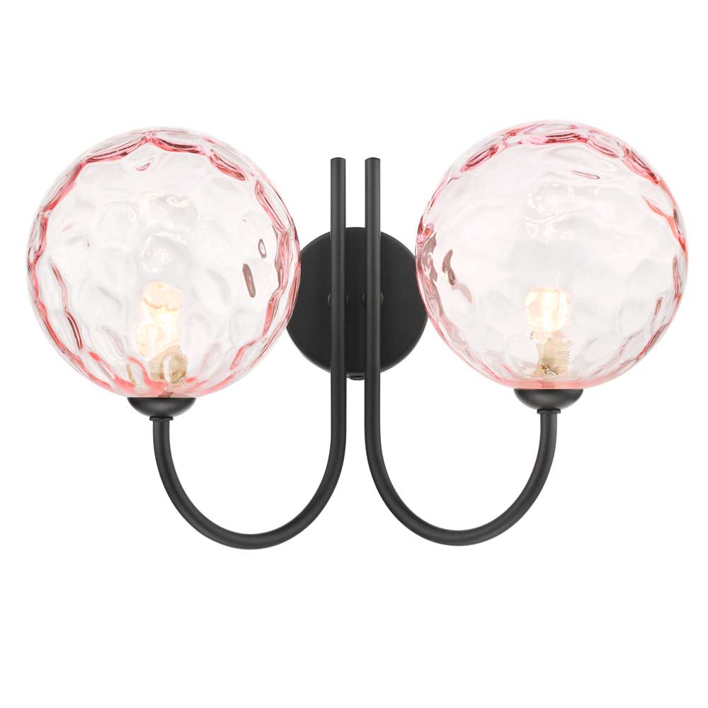 Confianza 2 Light G9 Matt Black Wall Light With Pull C/W Pink Dimpled Glass Shades