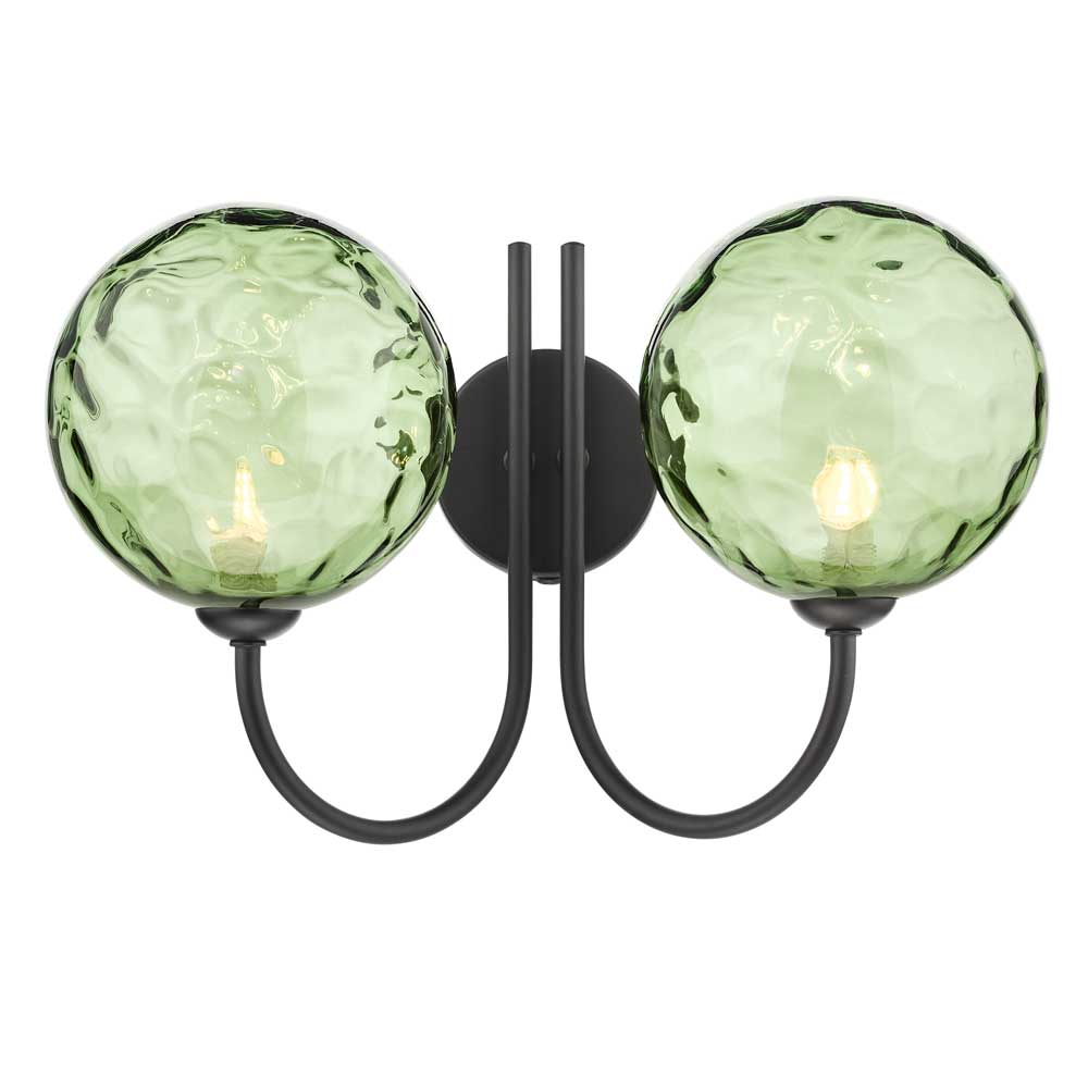 Confianza 2 Light G9 Matt Black Wall Light With Pull C/W Green Dimpled Glass Shades
