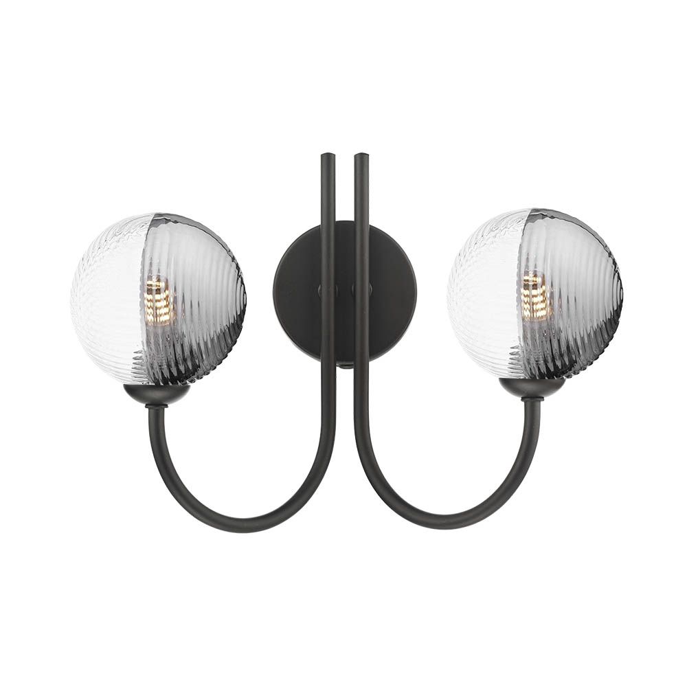 Confianza 2 Light G9 Matt Black Wall Light With Pull C/W 10cm Smoked & Clear Ribbed Glass Shades