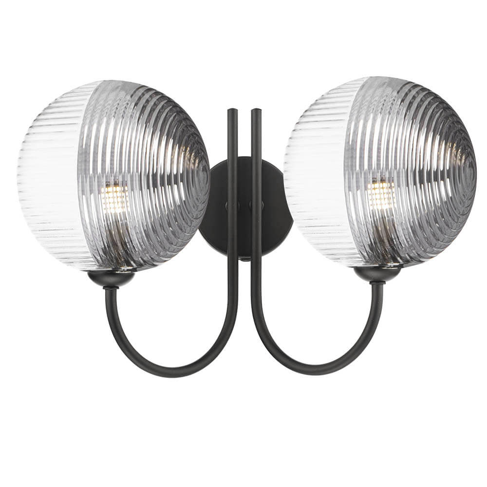 Confianza 2 Light G9 Matt Black Wall Light With Pull C/W 15cm Smoked & Clear Ribbed Glass Shades