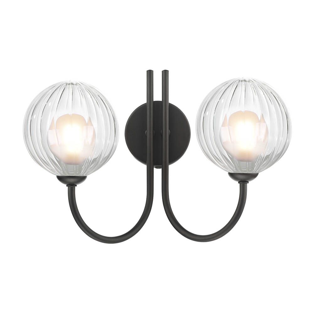 Confianza 2 Light G9 Matt Black Wall Light With Pull C/W 12cm Opal & Clear Ribbed Glass Shades