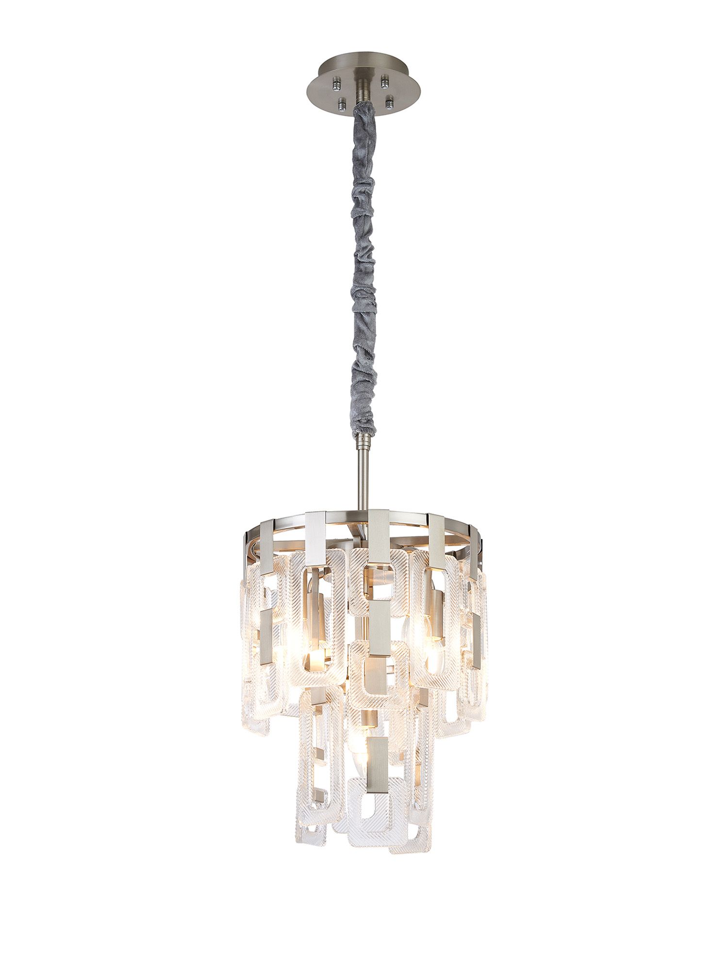 Jaron 30cm 2 Tier Round Pendant, 5 x E14, Satin Nickel/Clear Glass