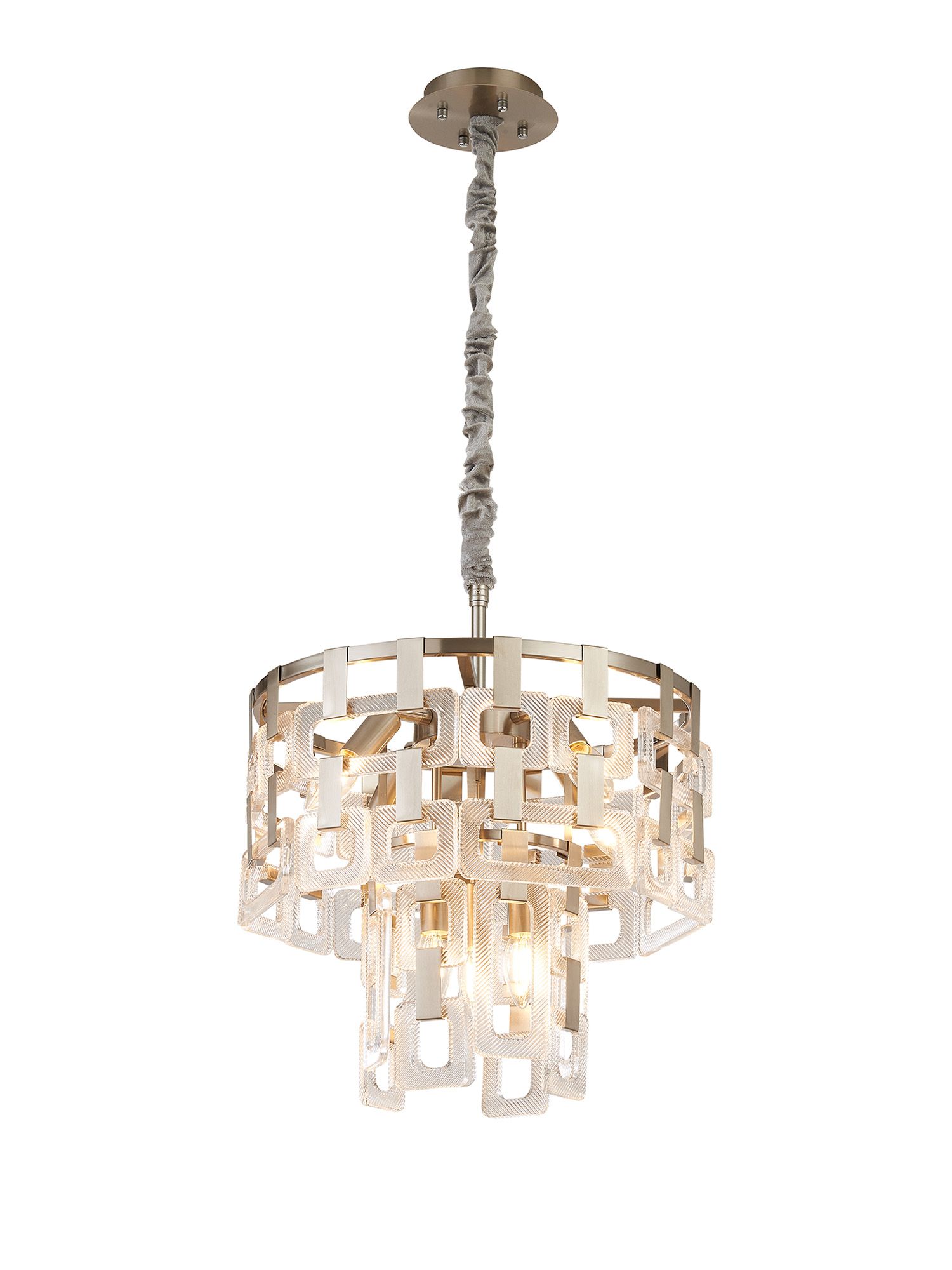 Jaron 41cm 2 Tier Round Pendant, 7 x E14, Satin Nickel/Clear Glass