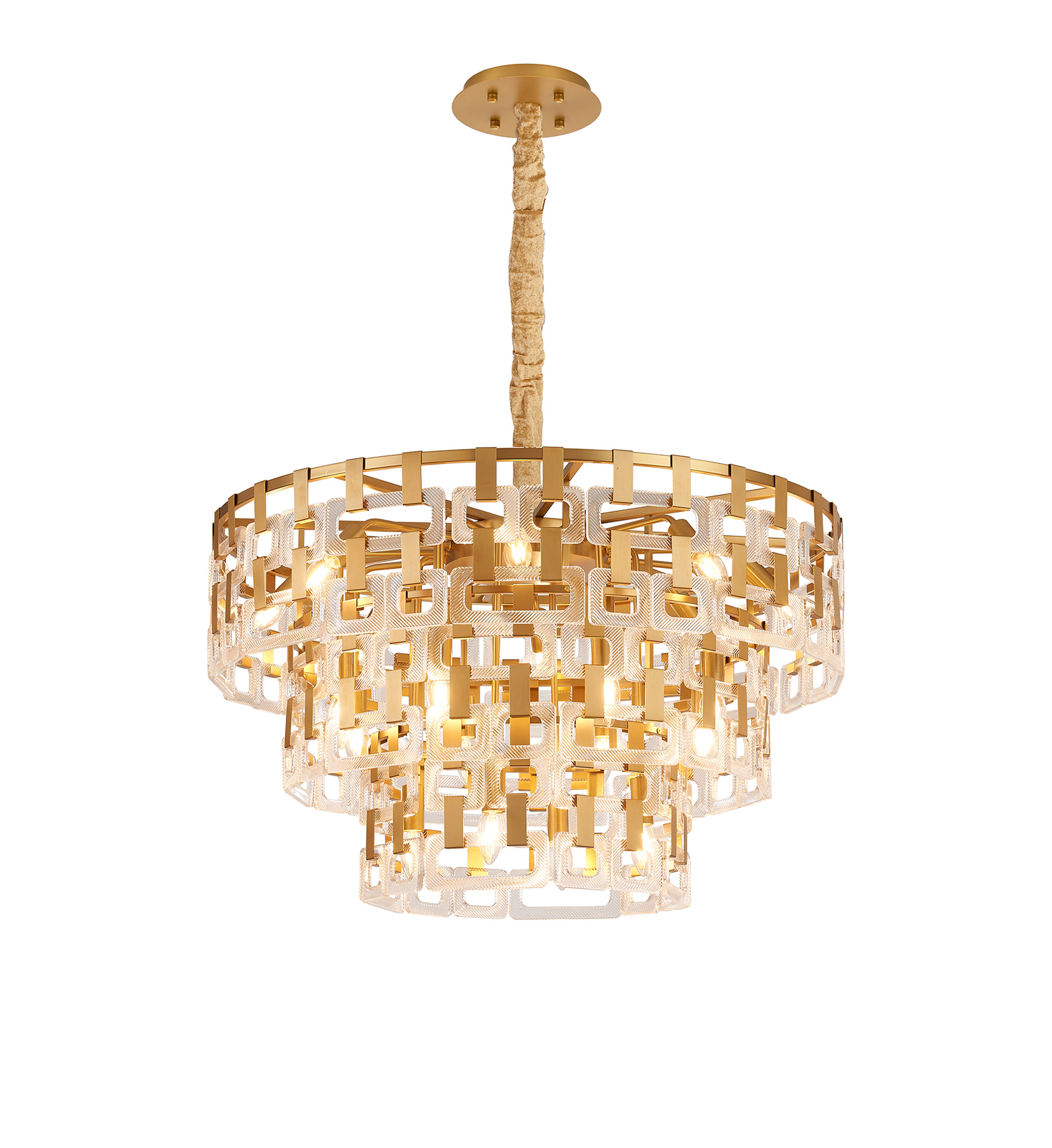 Jaron 83cm 3 Tier Round Pendant,8+8+4 x E14, Matt Gold/Clear Glass, Item Weight: 31kg
