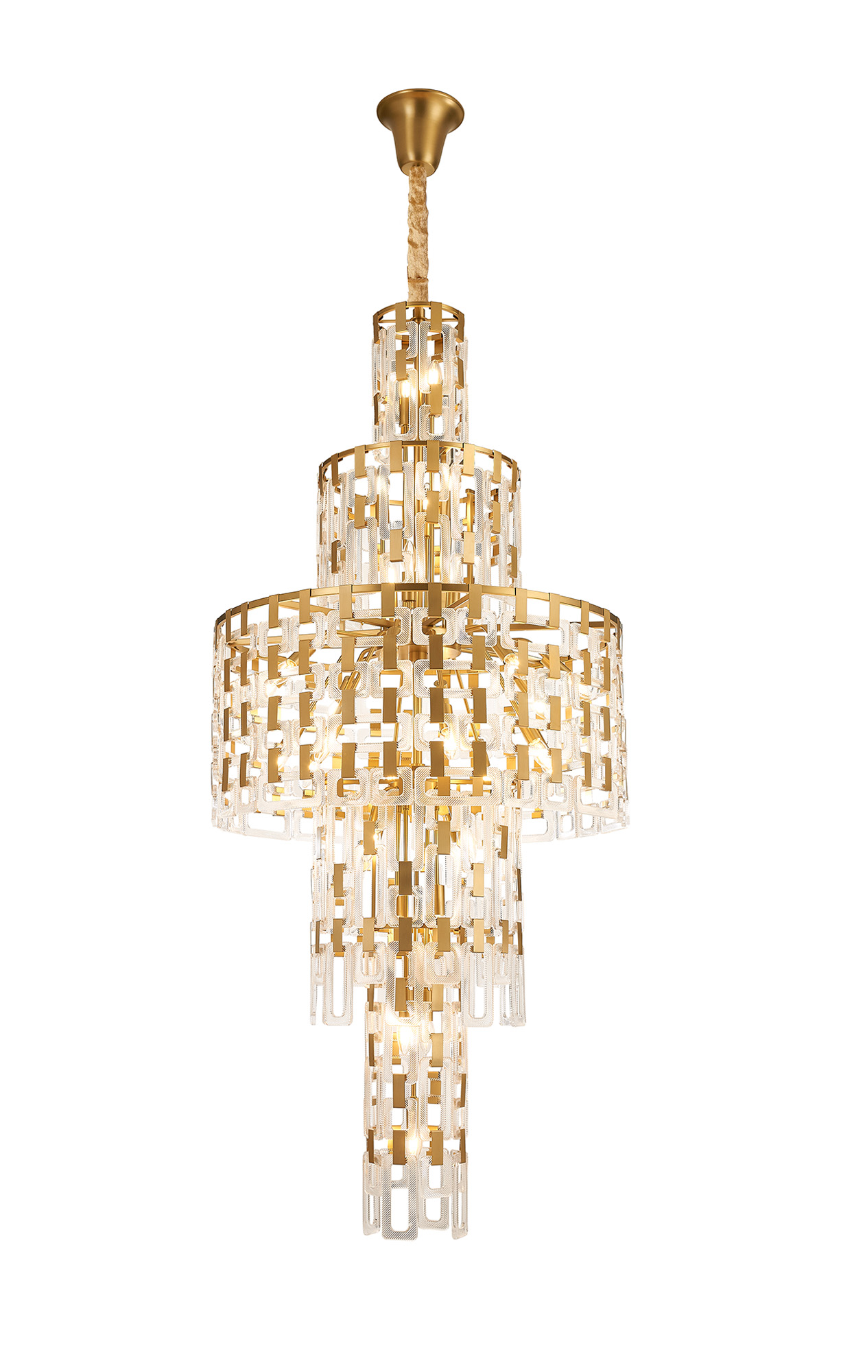 Jaron 85cm Round Tall Pendant, 33 x E14, Matt Gold/Clear Glass Item Weight: 51kg