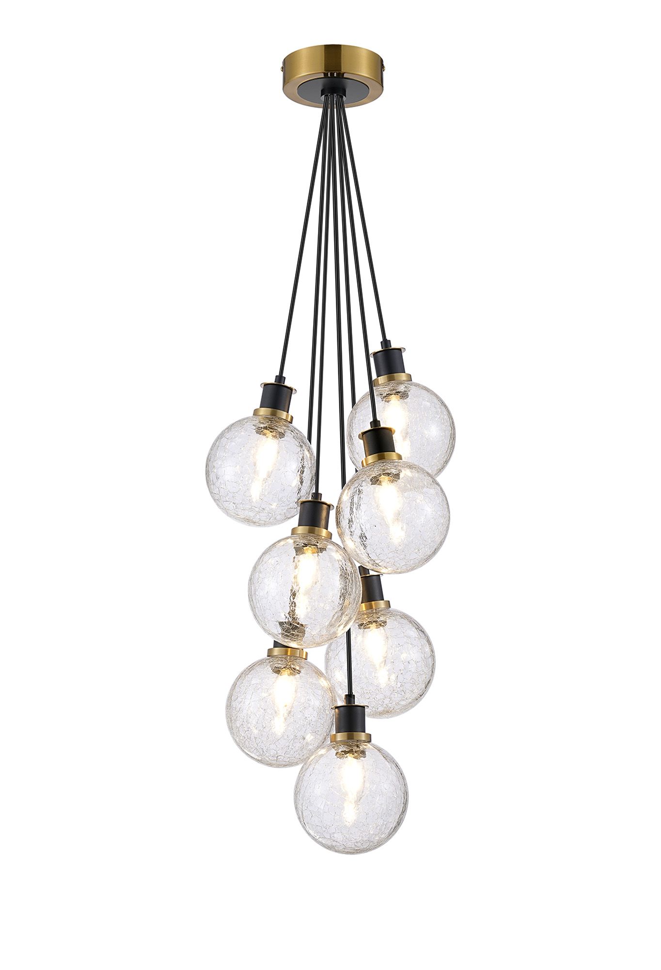 Jestero 45cm Round Cluster Pendant, 7 Light E14 With 15cm Round Crackled Glass Shade, Brass, Clear & Satin Black