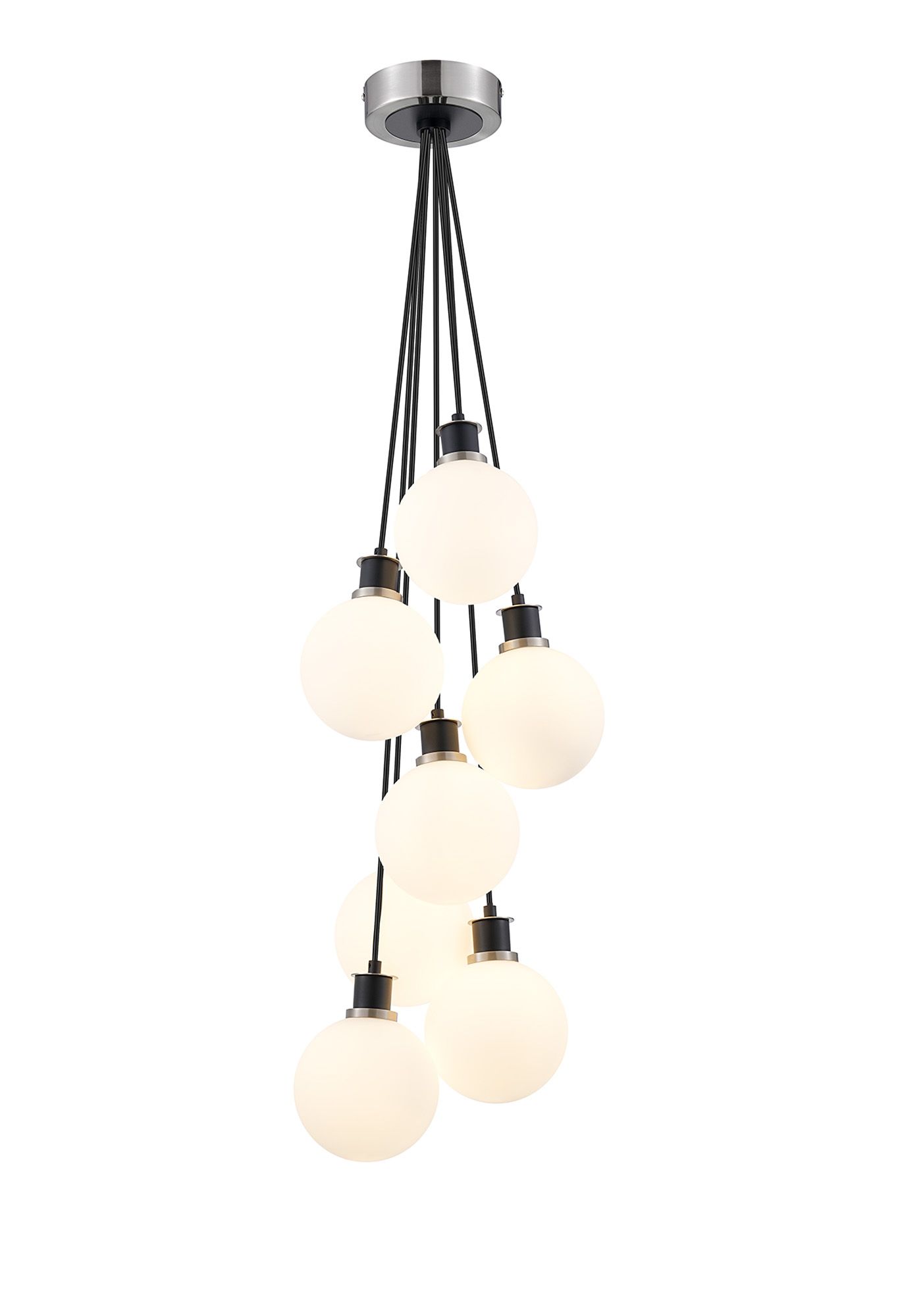 Jestero 45cm Round Cluster Pendant, 7 Light E14 With 15cm Round Glass Shade, Satin Nickel, Opal & Satin Black