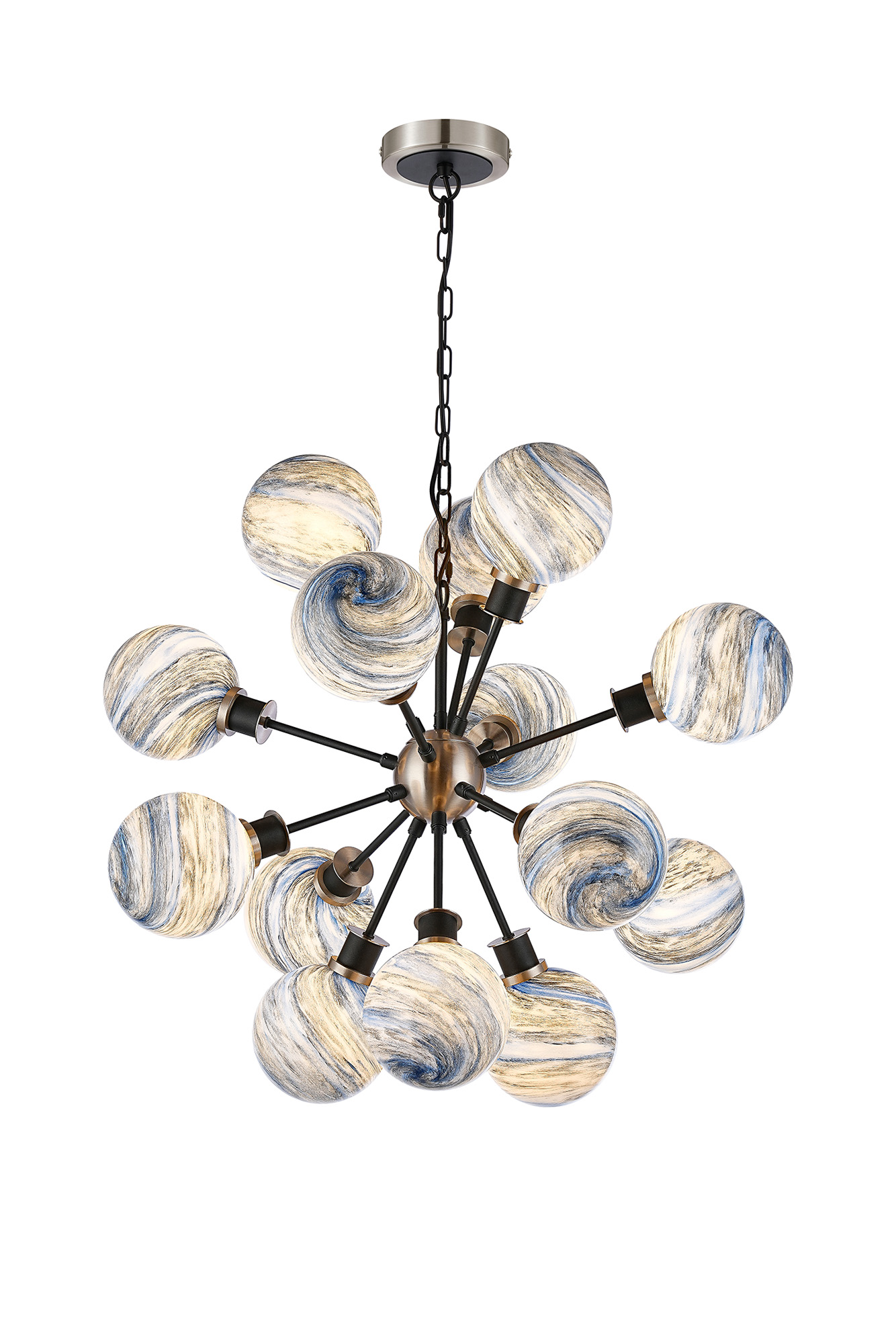 Jestero 78cm Pendant, 14 Light E14 With 15cm Round Dark Blue Marble Effect Glass Shade, Satin Nickel & Satin Black Framework