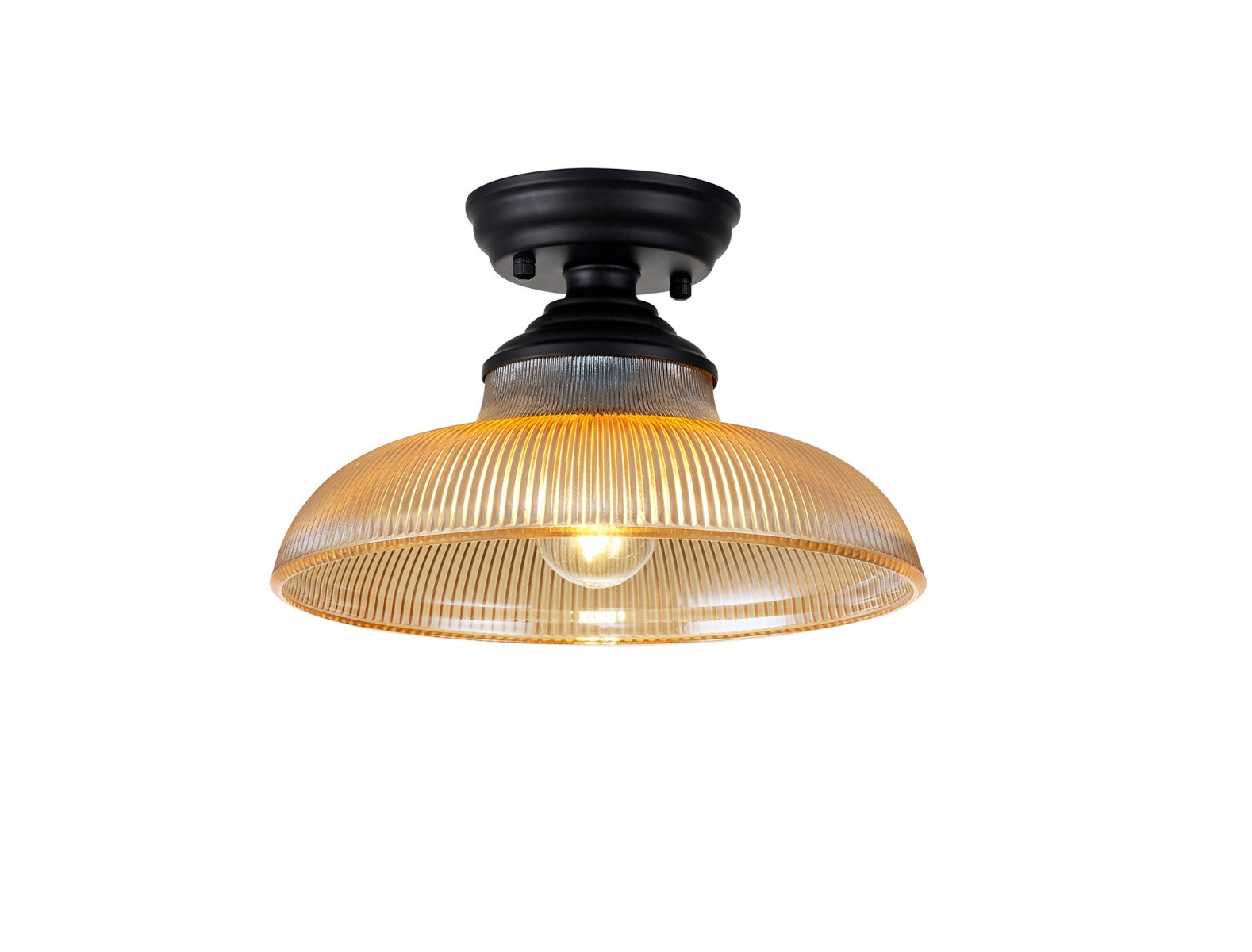 Jodel 1 Light Flush Ceiling E27 With Round 30cm Glass Shade Matt Black/Amber