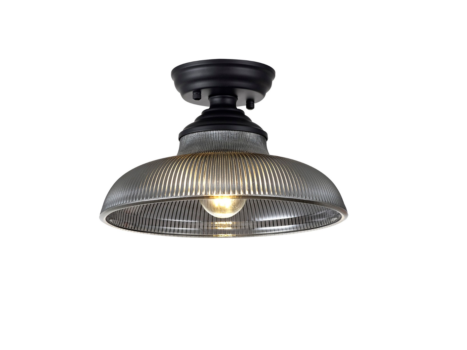 Jodel 1 Light Flush Ceiling E27 With Round 30cm Glass Shade Matt Black/Smoked