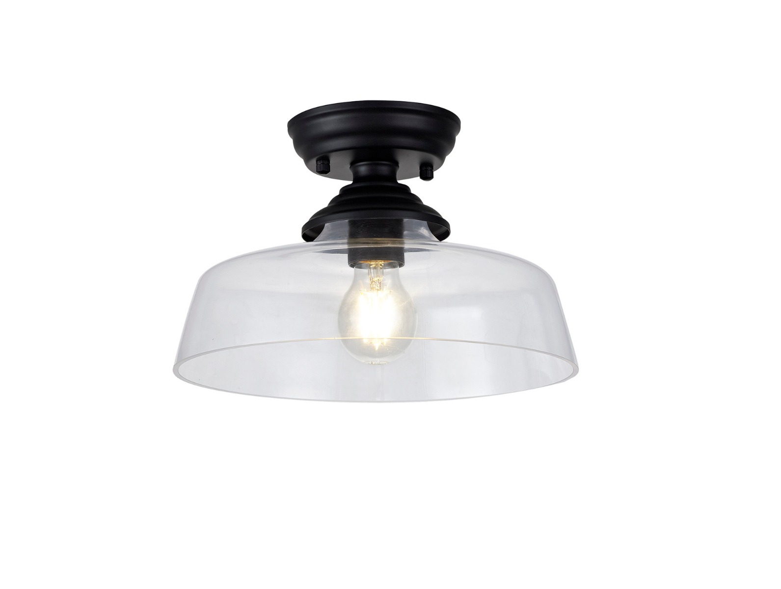 Jodel 1 Light Flush Ceiling E27 With Flat Round 30cm Glass Shade Matt Black/Clear