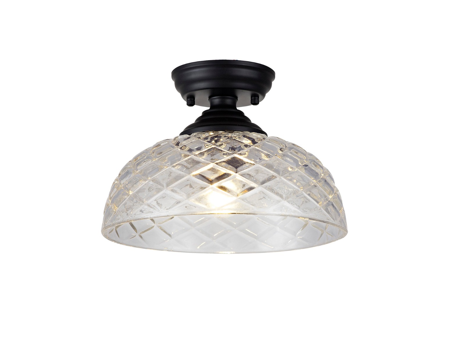 Jodel 1 Light Flush Ceiling E27 With Flat Round 30cm Patterned Glass Shade Matt Black/Clear