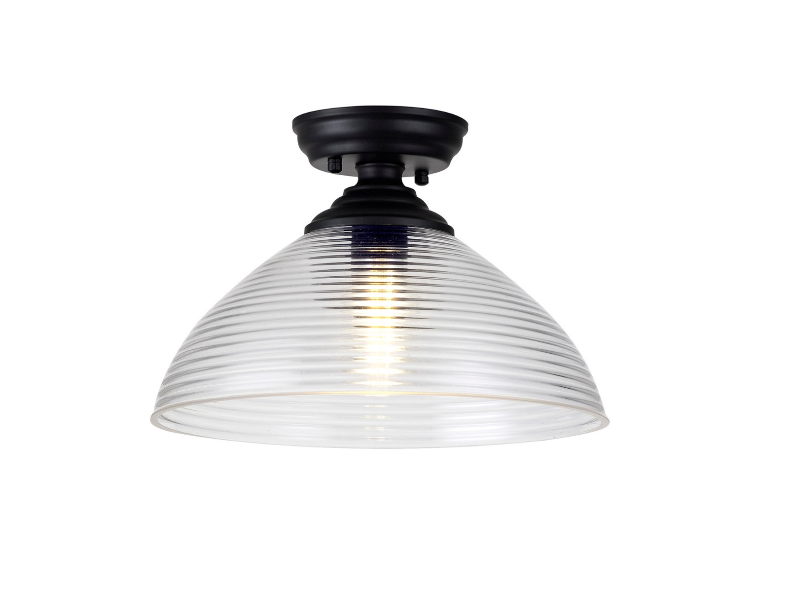 Jodel 1 Light Flush Ceiling E27 With Round 33.5cm Prismatic Effect Glass Shade Matt Black/Clear