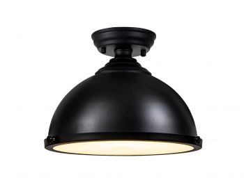 Jodel 1 Light Flush Ceiling E27 With Round 31cm Metal Shade Matt Black/Frosted White
