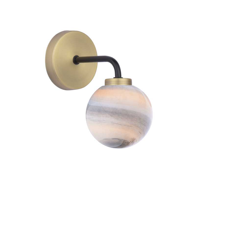 Tango 1 Light G9 Matt Black & Antique Brass Wall Light C/W Planet Style Glass Shade