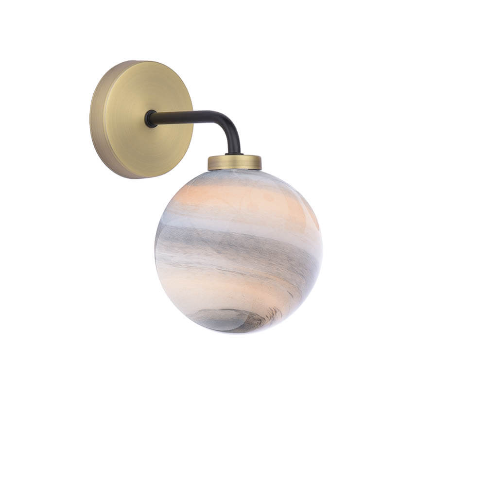 Tango 1 Light G9 Matt Black & Antique Brass Wall Light C/W Large Planet Style Glass Shade