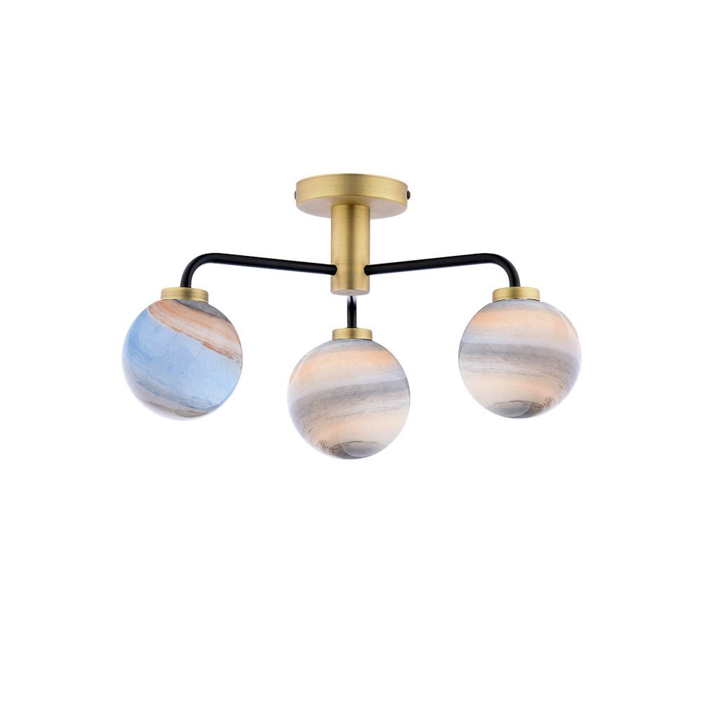 Tango 3 Light G9 Matt Black & Antique Brass Semi Flush Ceiling Light C/W Large Planet Style Glass Shades